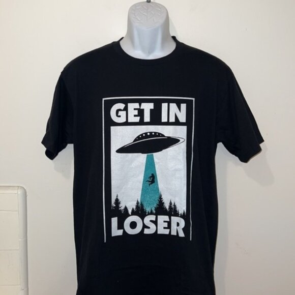 Unisex “Get in Loser” Alien Abduction Black Graphic Tee - Picture 2 of 9